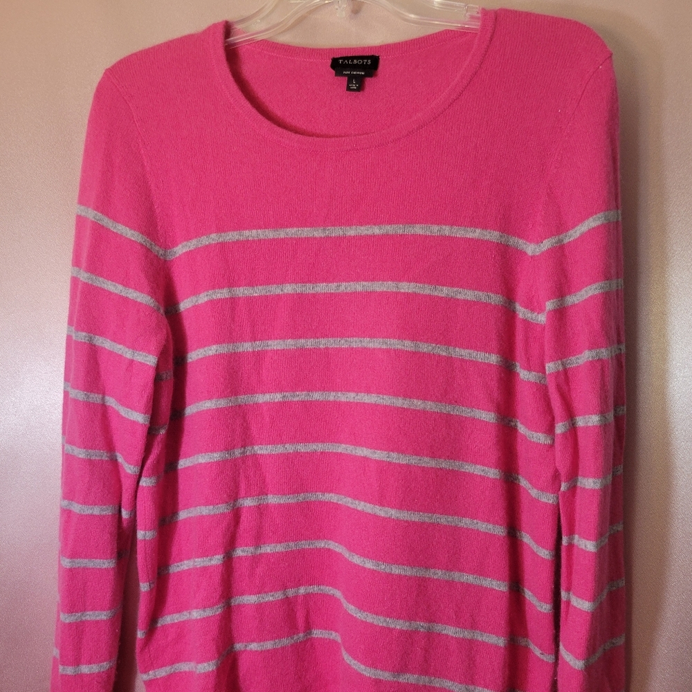 Talbots Pink Gray Stripe 100% Pure Cashmere Sweater